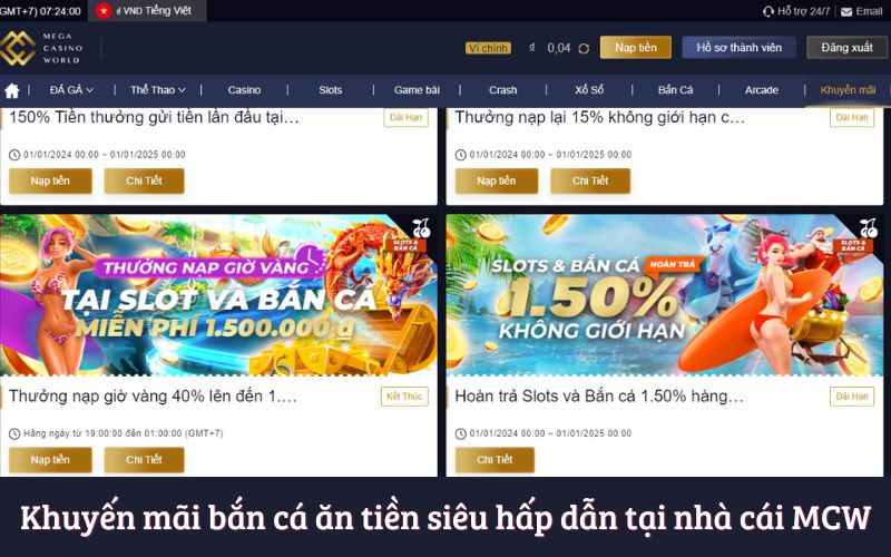 Khuyến mãi bắn cá ăn tiền siêu hấp dẫn tại nhà cái MCW
