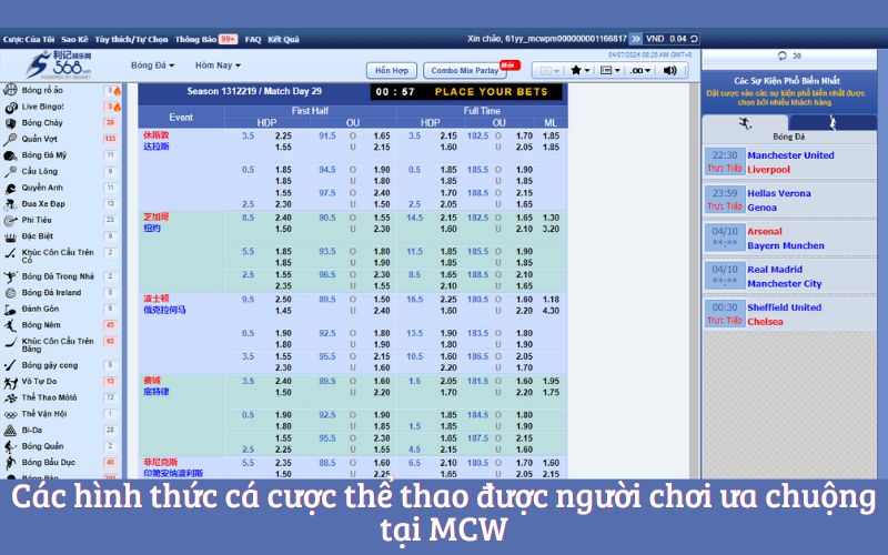 Các hình thức cá cược thể thao được người chơi ưa chuộng tại MCW